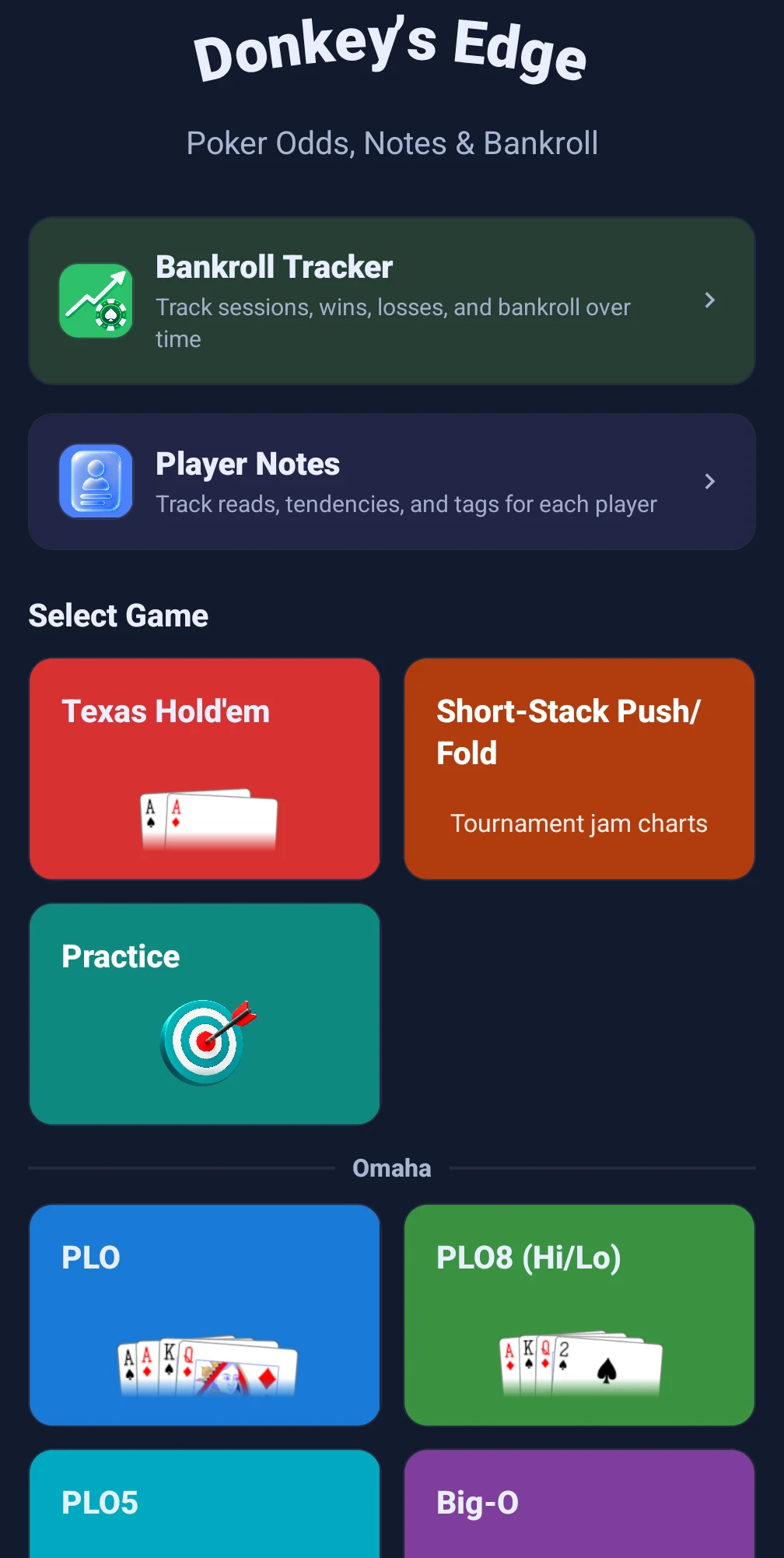 Donkey's Edge home screen with bankroll, player notes, and poker calculators