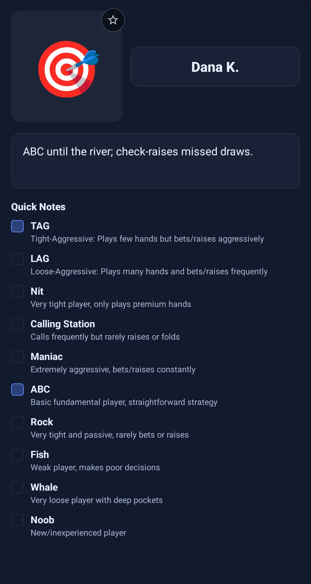 Player note editor with quick strategy tags